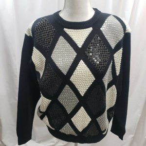 Alfred Dunner Women's Vintage Sweater Sequin Argyle Black with White Gray Sz PL